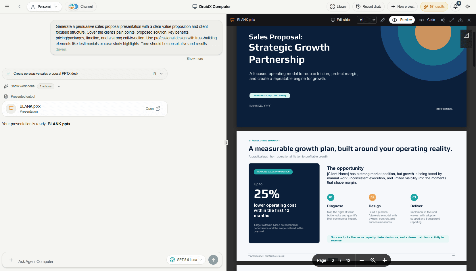 A twelve slide sales proposal deck generated by DruidX Computer, open in the presentation viewer