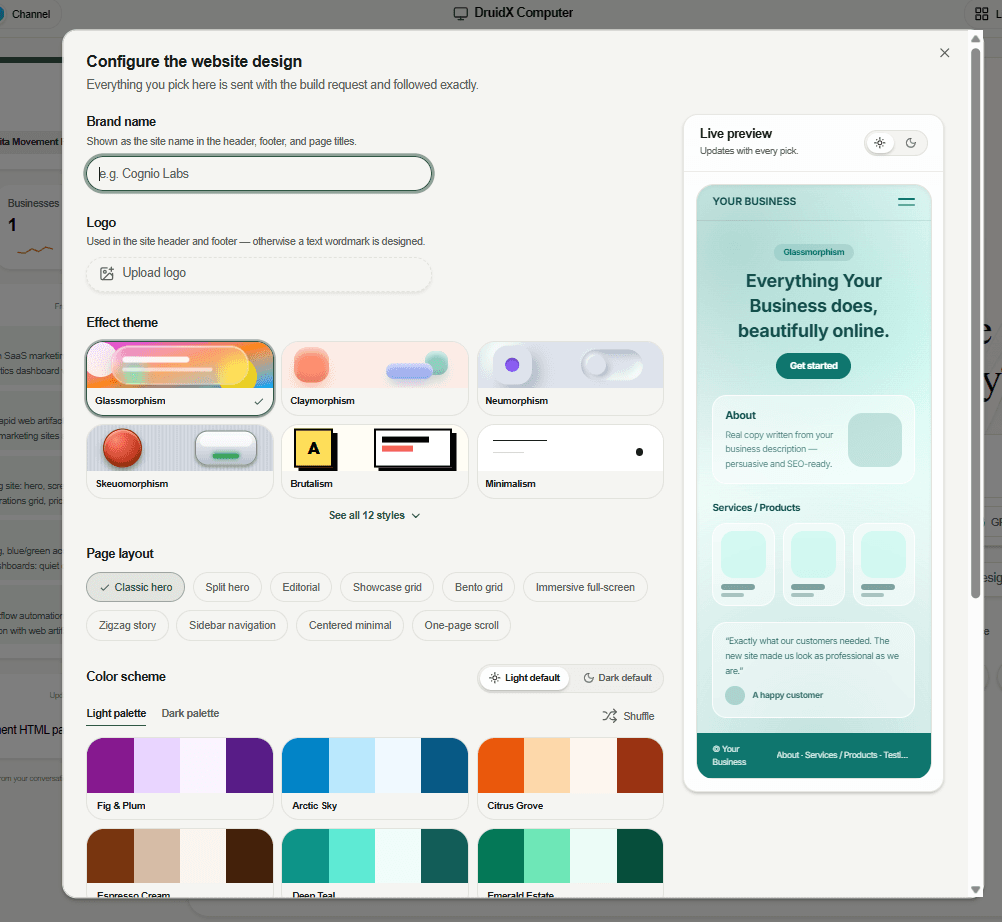 The DruidX Computer website design dialog showing brand name, effect themes, page layouts, colour palettes, and a live preview